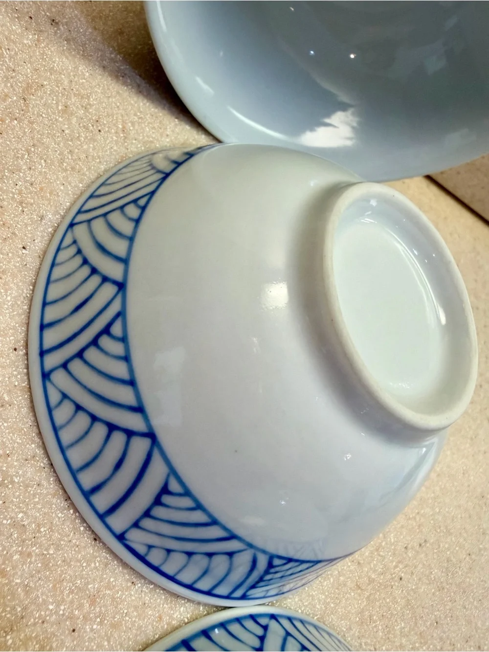 Blue Wave Geometric Pattern Porcelain Serving Rice Bowls - Set of 3 White w/Blue